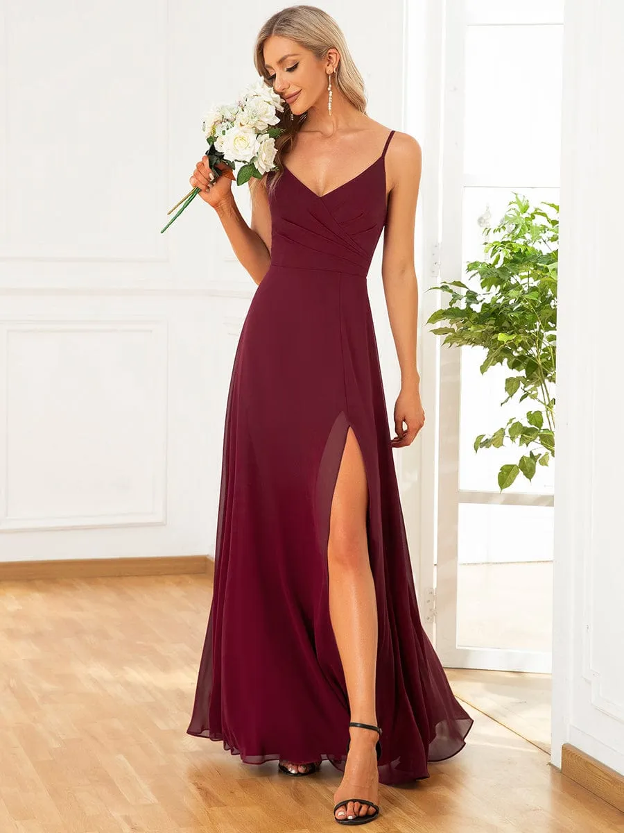 Custom Size Pleated V-Neck Spaghetti Strap High Slit Bridesmaid Dress