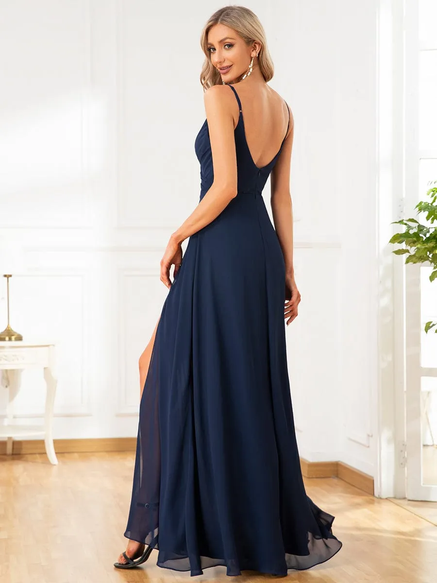 Custom Size Pleated V-Neck Spaghetti Strap High Slit Bridesmaid Dress