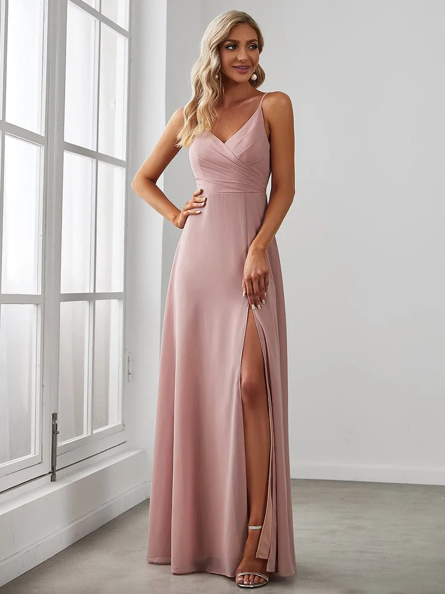 Custom Size Pleated V-Neck Spaghetti Strap High Slit Bridesmaid Dress