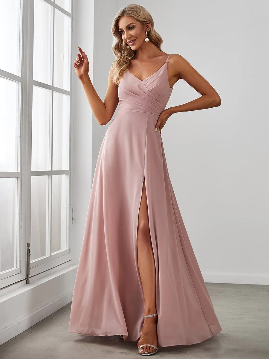 Custom Size Pleated V-Neck Spaghetti Strap High Slit Bridesmaid Dress