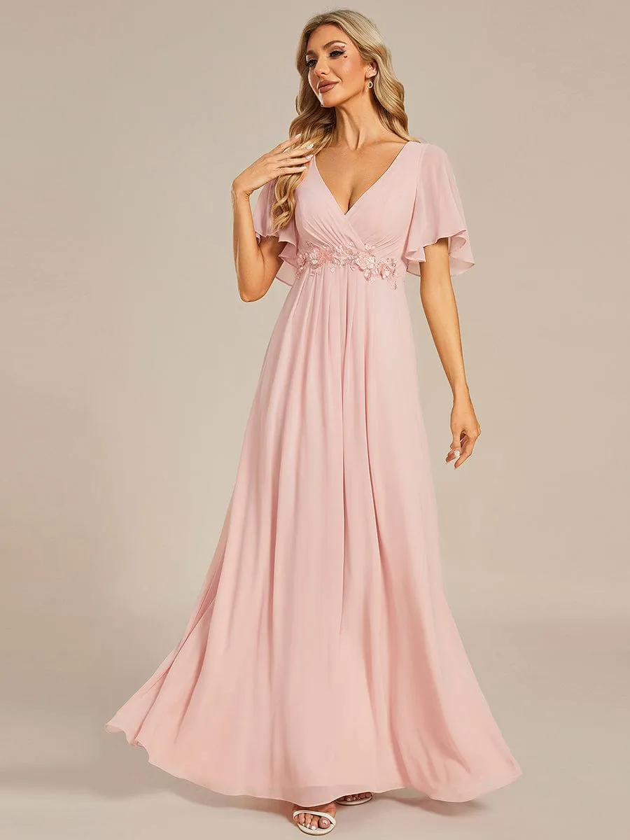 Custom Size Ruffles Sleeve A-Line Chiffon Waist Applique Maxi Formal Evening Dress