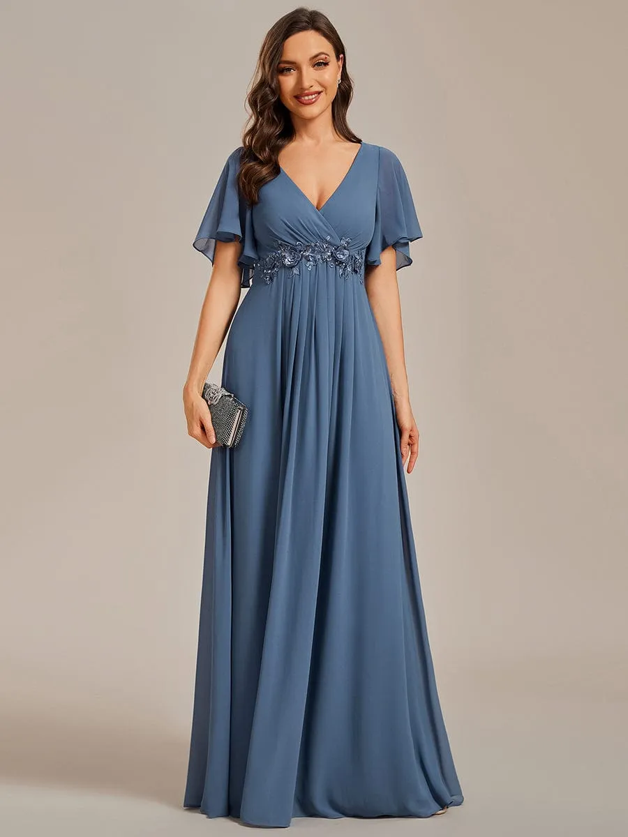 Custom Size Ruffles Sleeve A-Line Chiffon Waist Applique Maxi Formal Evening Dress