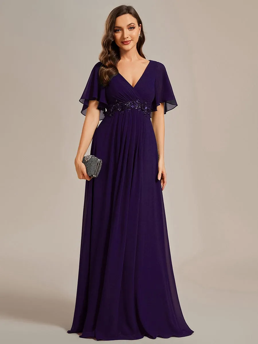 Custom Size Ruffles Sleeve A-Line Chiffon Waist Applique Maxi Formal Evening Dress