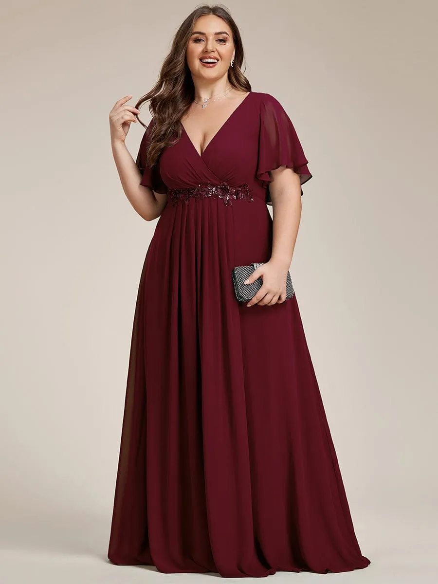 Custom Size Ruffles Sleeve A-Line Chiffon Waist Applique Maxi Formal Evening Dress