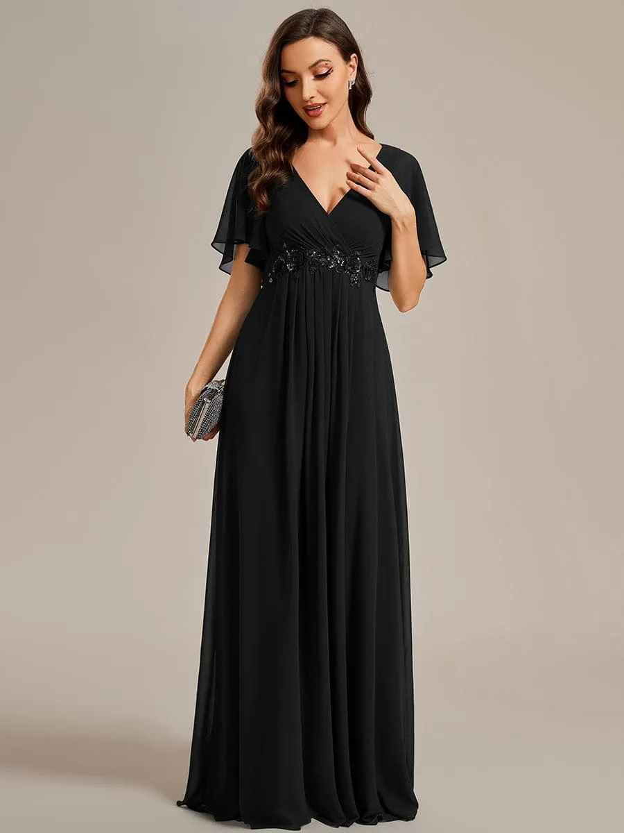 Custom Size Ruffles Sleeve A-Line Chiffon Waist Applique Maxi Formal Evening Dress