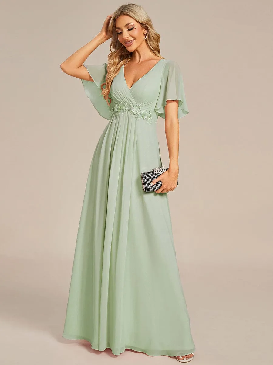 Custom Size Ruffles Sleeve A-Line Chiffon Waist Applique Maxi Formal Evening Dress