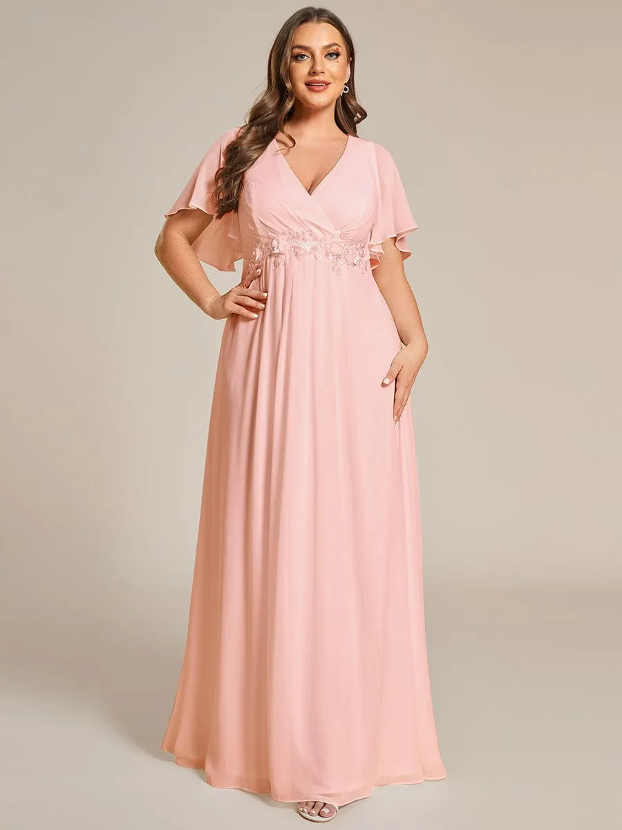 Custom Size Ruffles Sleeve A-Line Chiffon Waist Applique Maxi Formal Evening Dress