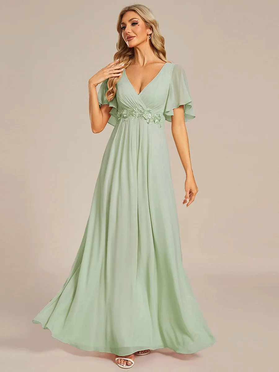 Custom Size Ruffles Sleeve A-Line Chiffon Waist Applique Maxi Formal Evening Dress