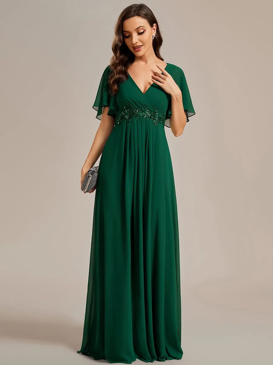 Custom Size Ruffles Sleeve A-Line Chiffon Waist Applique Maxi Formal Evening Dress