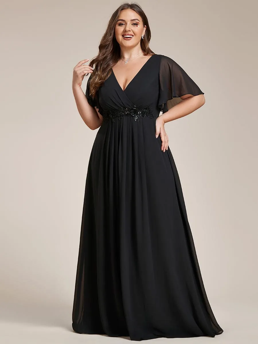 Custom Size Ruffles Sleeve A-Line Chiffon Waist Applique Maxi Formal Evening Dress