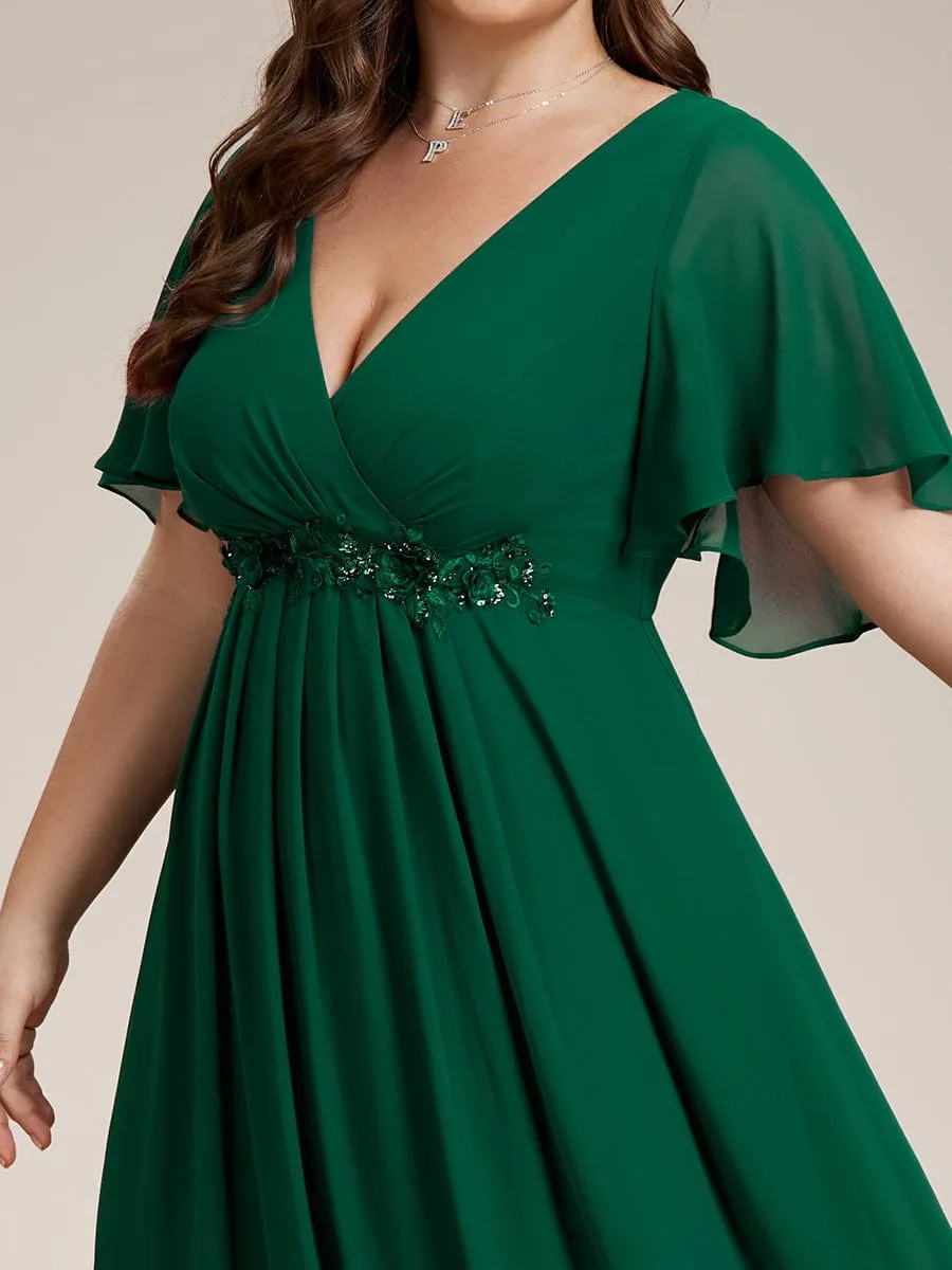 Custom Size Ruffles Sleeve A-Line Chiffon Waist Applique Maxi Formal Evening Dress