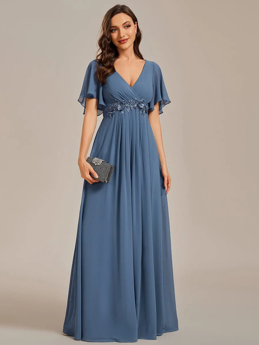 Custom Size Ruffles Sleeve A-Line Chiffon Waist Applique Maxi Formal Evening Dress