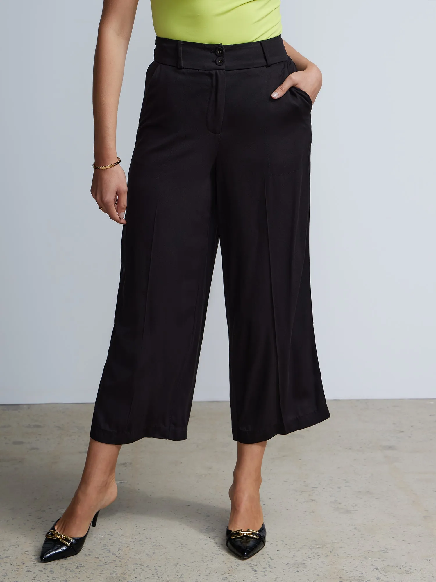 Double Button Twill Wide Leg Pant