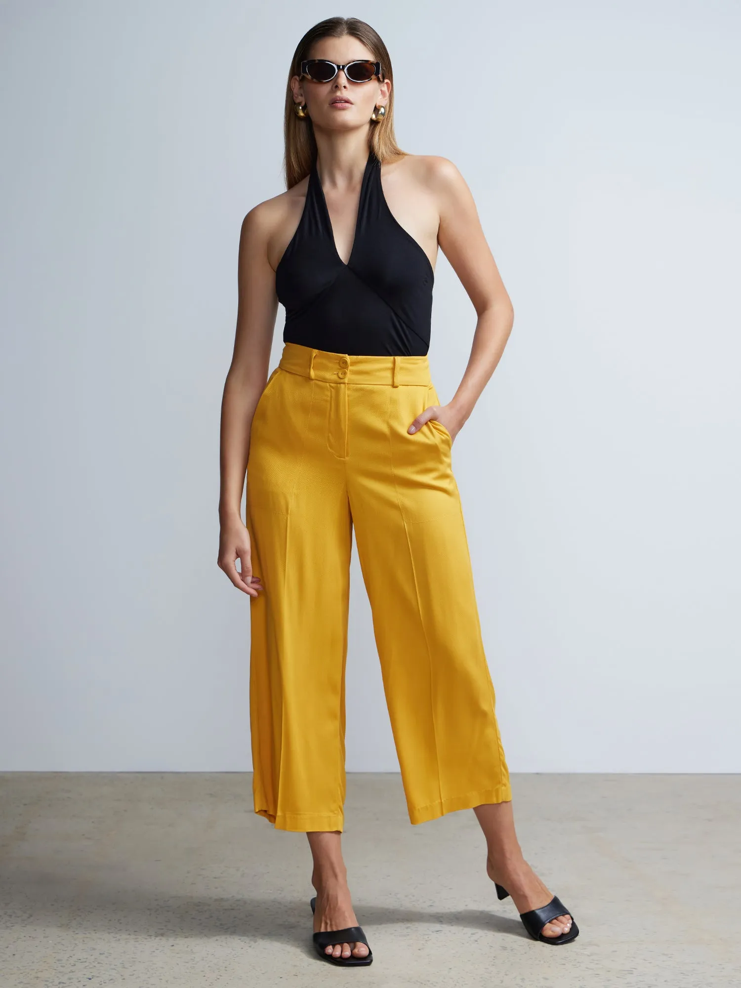 Double Button Twill Wide Leg Pant