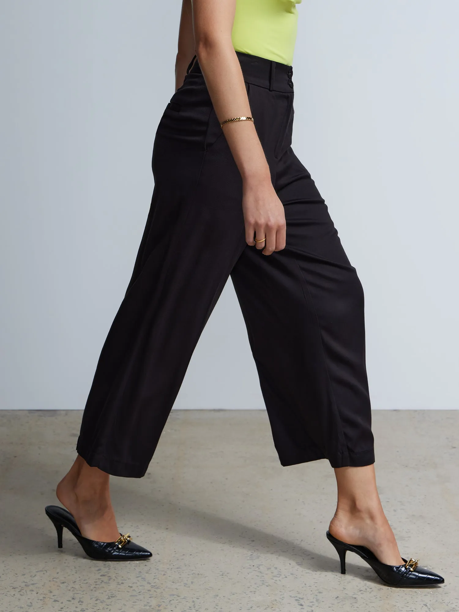 Double Button Twill Wide Leg Pant