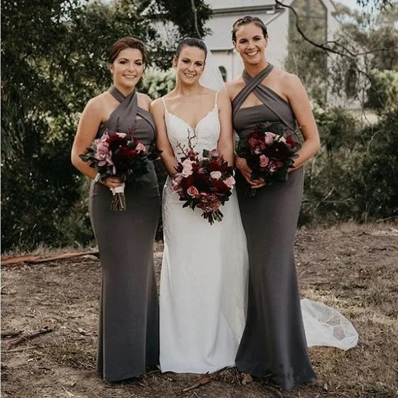 Elegant Halter Mermaid Jersey Steel Grey Long Bridesmaid Dresses Online, BG756