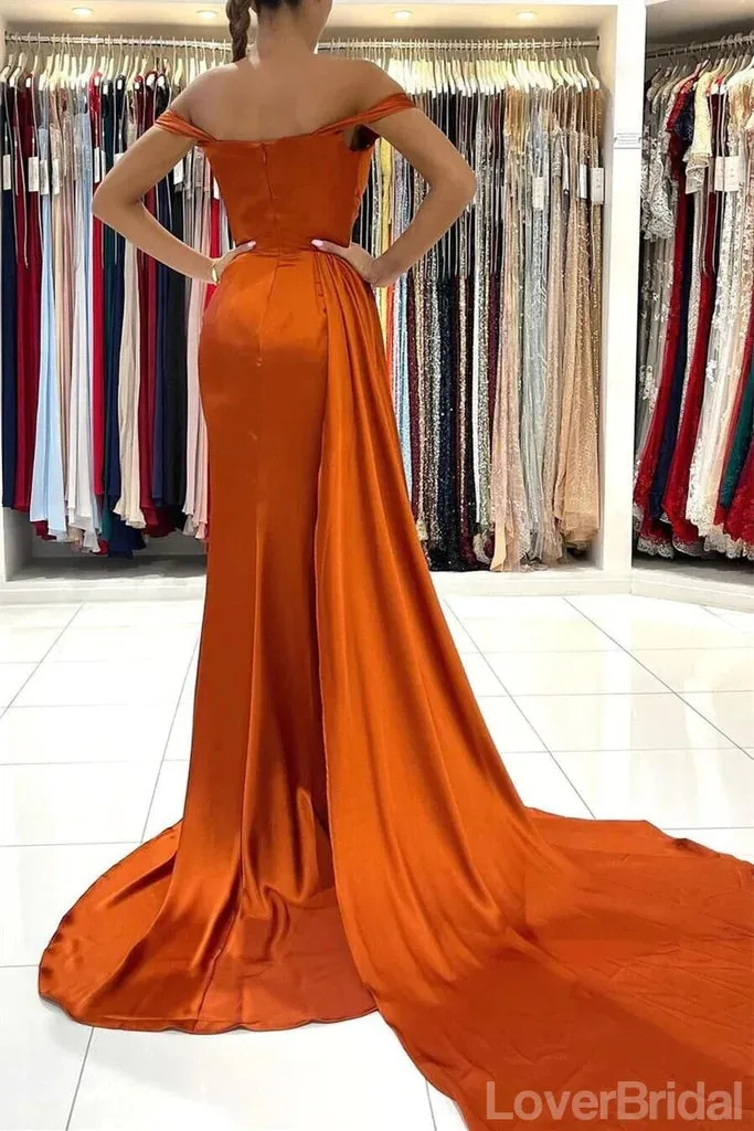 Elegant Off Shoulder Side Slit Mermaid Burnt Orange Satin Long Bridesmaid Dresses Online, BG709