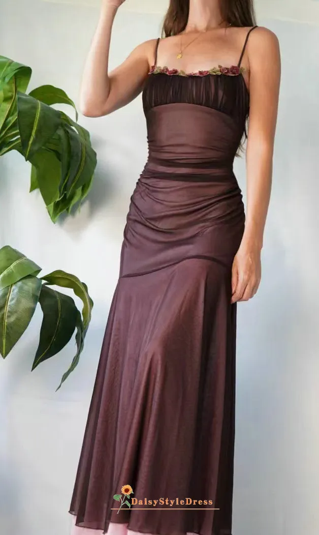 Fit and Flare Coffee Brown Square Neckline Party Dress