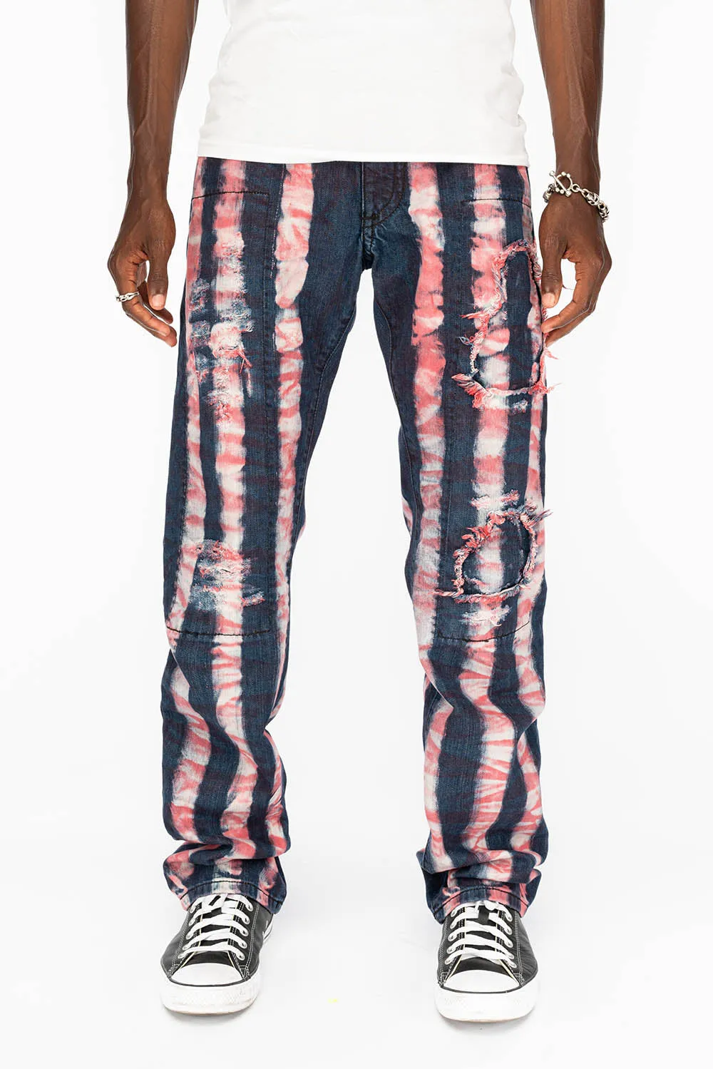 GYPSY STRAIGHT LEG REPATCHED JEANS WITH LONG FLAP EMBELLISHED  WITH CRYSTALS IN PRISONER RED