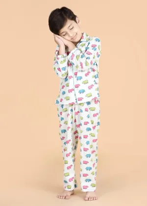 Hippo Cream Full Sleeves Cotton Nighsuit Boys (1-12 Years)