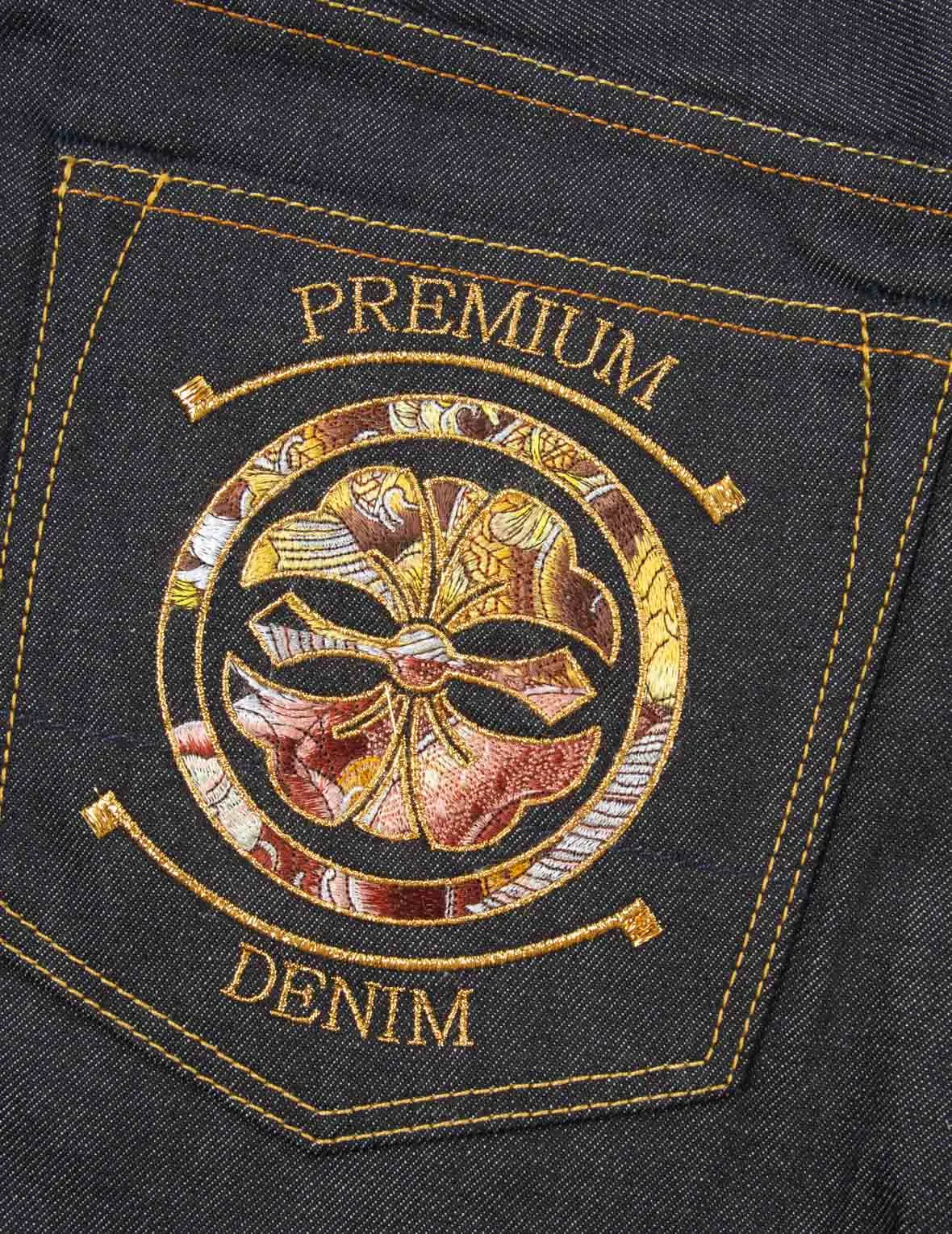 Japanese-pattern Kamon and Logo Embroidery Carrot-Fit Jeans #2017