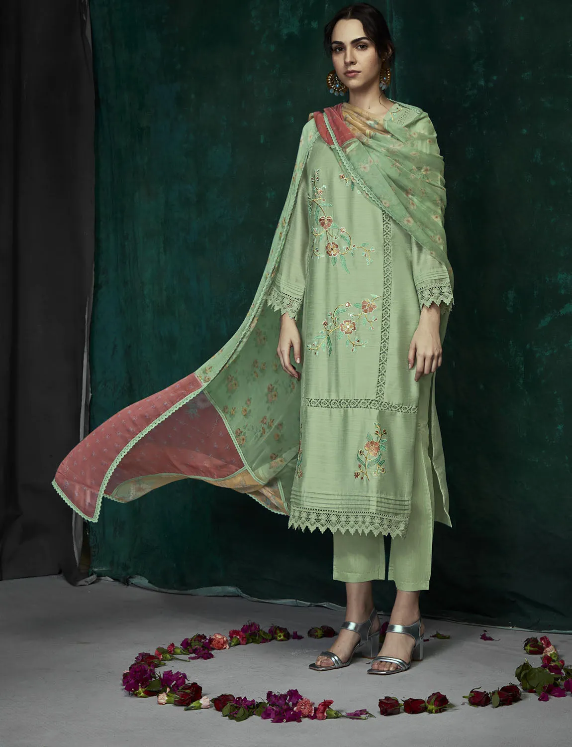 Kimora Party Wear Cotton Satin Unstitched Women Suit Green