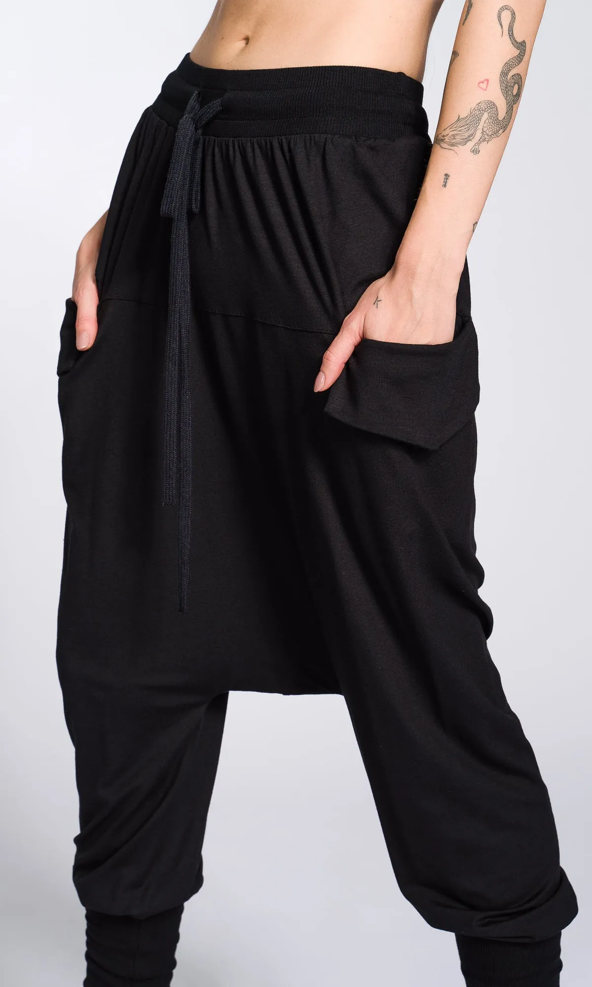 Loose Drop Crotch Pants with Ribbed Cuffs