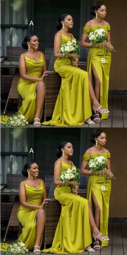 Mismatched Elegant Spaghetti Straps Off Shoulder Side Slit Satin Long Bridesmaid Dresses Online, BG700