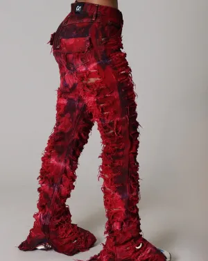 RED DYED SHREDDED DENIM