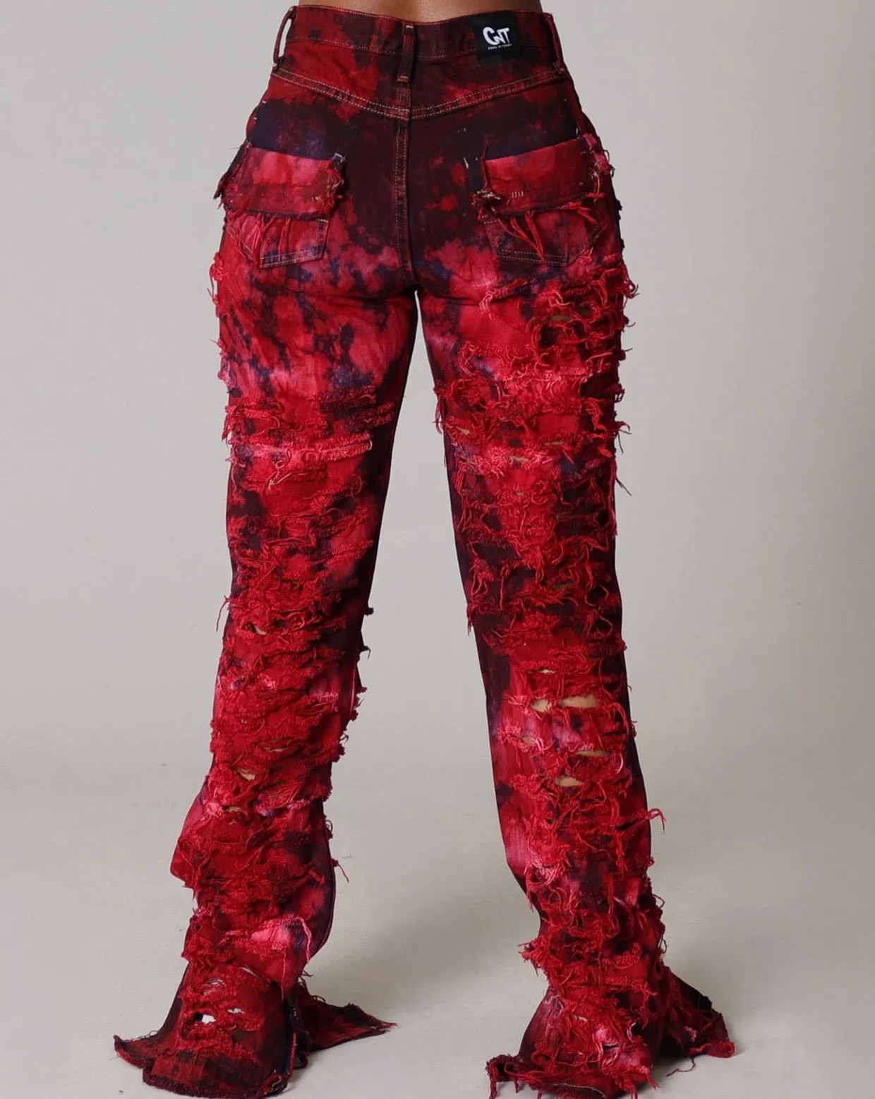 RED DYED SHREDDED DENIM