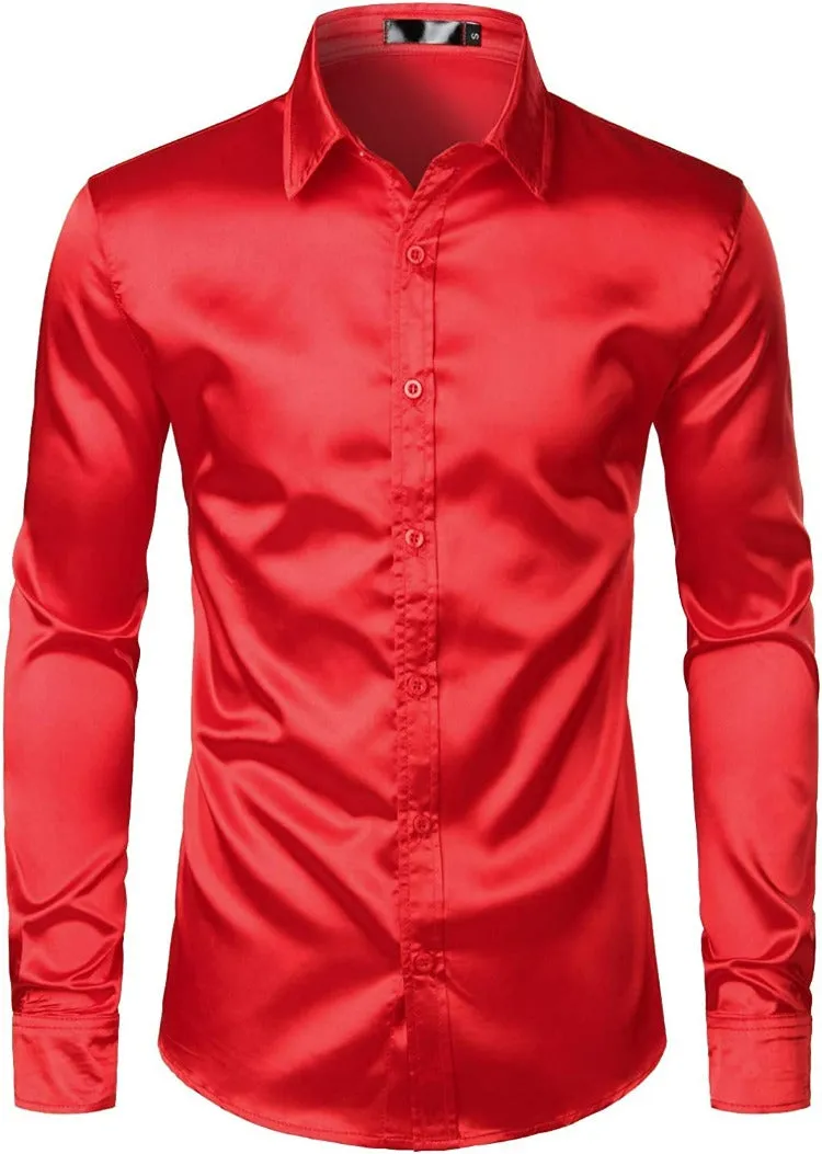 Red Shiny Satin Silk Dress Shirt Long Sleeve Casual Slim Fit