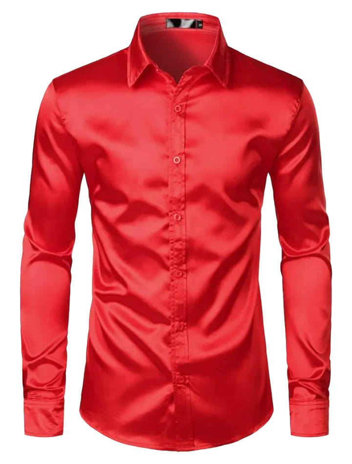 Red Shiny Satin Silk Dress Shirt Long Sleeve Casual Slim Fit