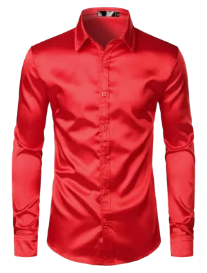 Red Shiny Satin Silk Dress Shirt Long Sleeve Casual Slim Fit