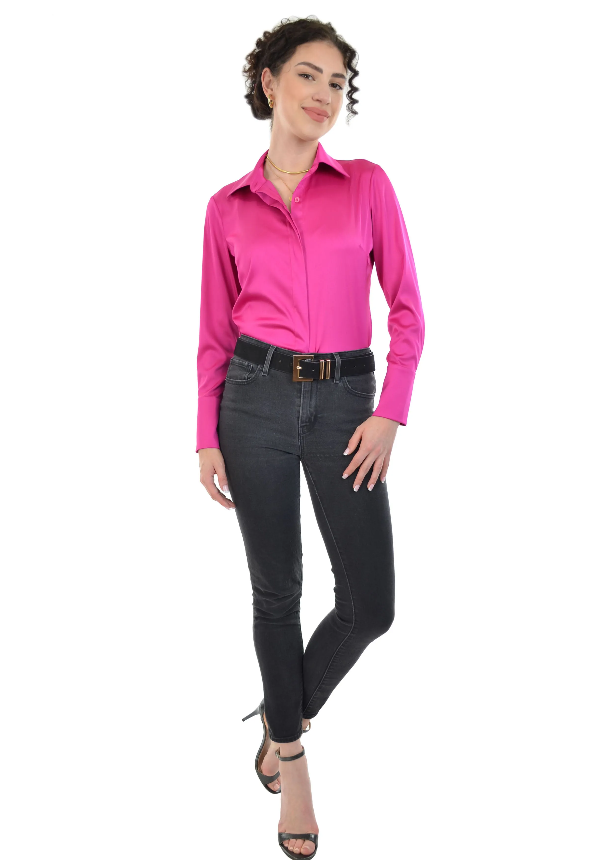 Ruby Women's Silky Satin Charmeuse Blouse Button Down Long Sleeve