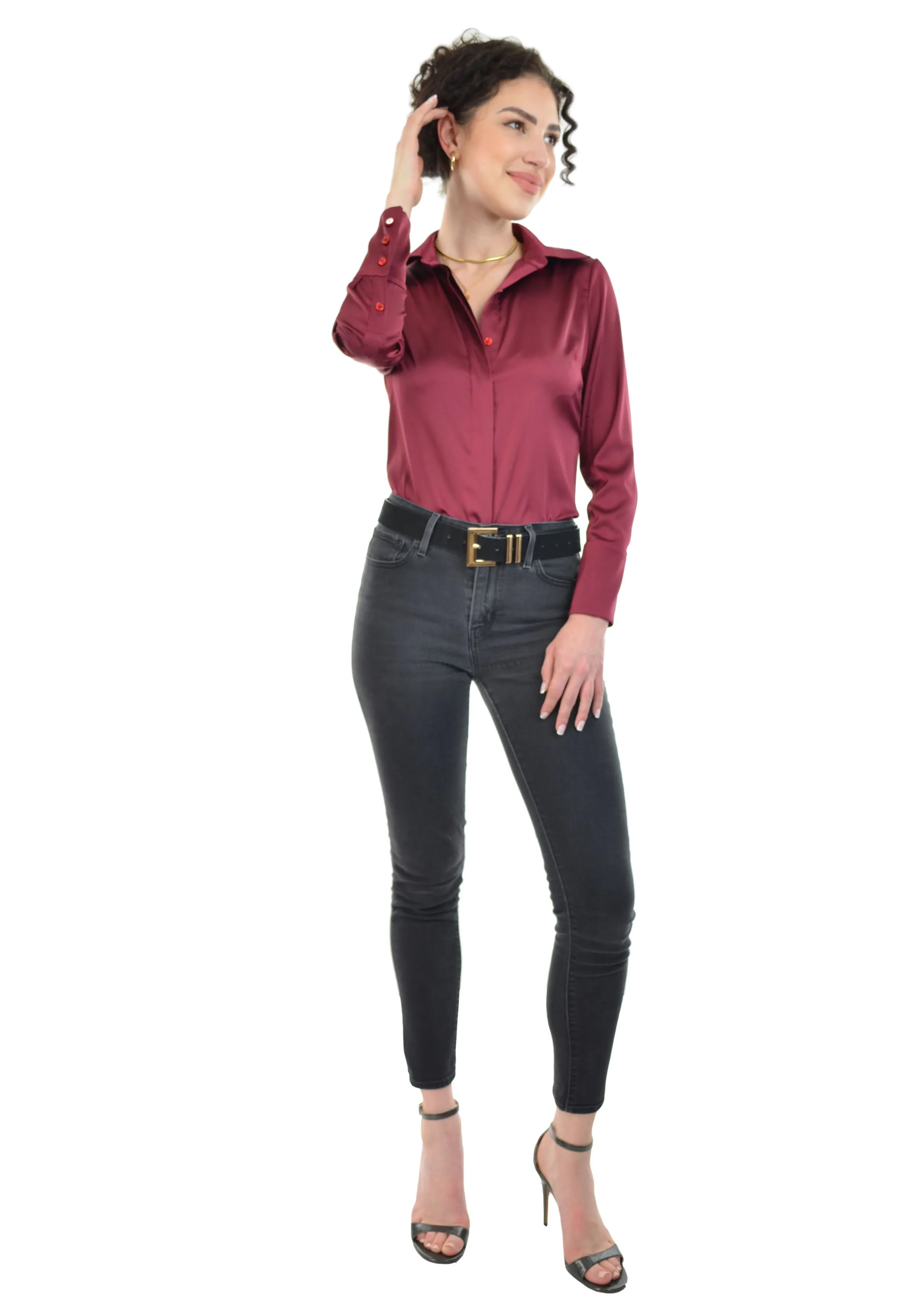 Ruby Women's Silky Satin Charmeuse Blouse Button Down Long Sleeve