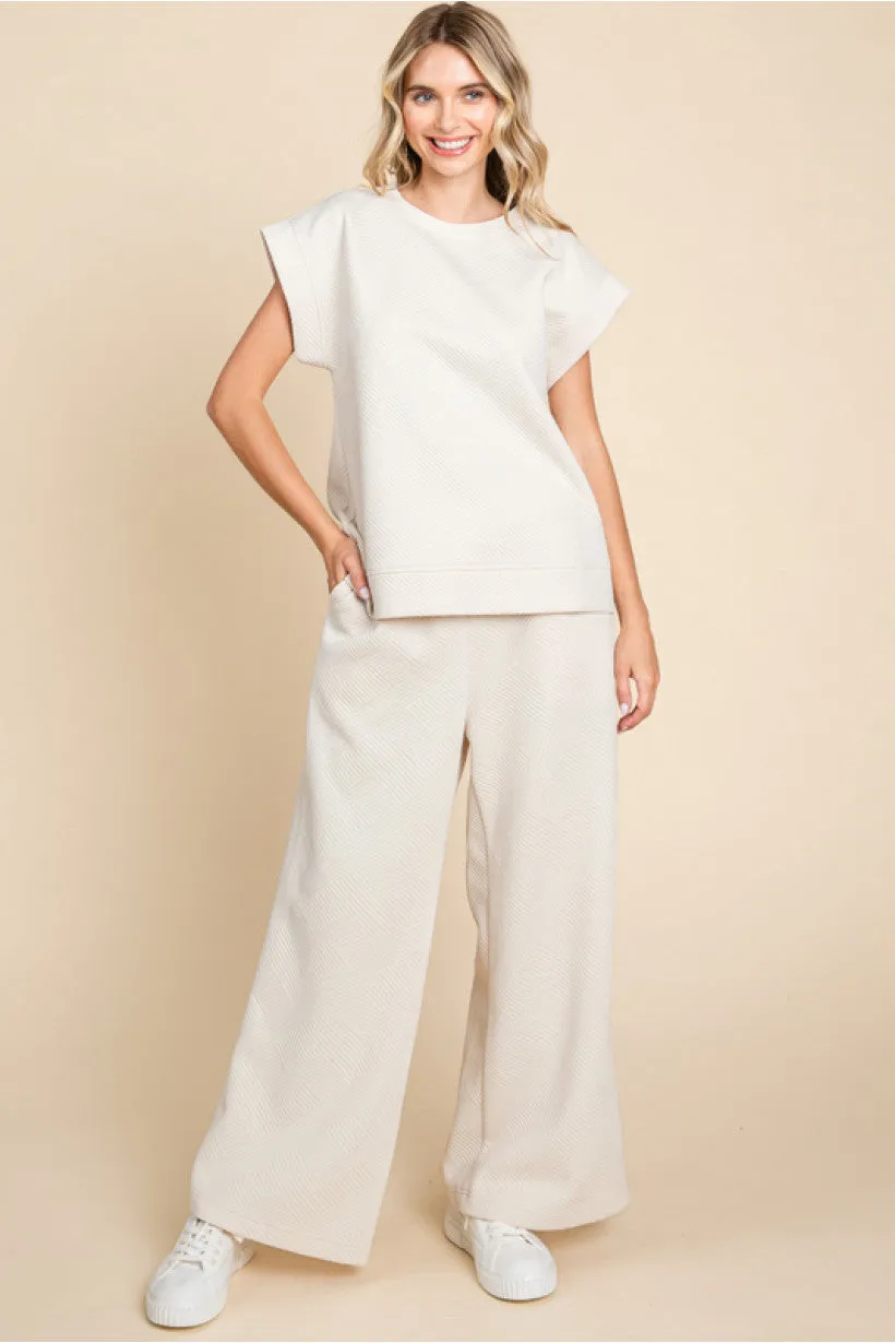 Textured Pants W/Waist-Band Back Stretch-Band SIDE POCKETS WIDE LEG