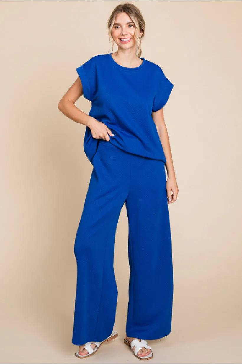 Textured Pants W/Waist-Band Back Stretch-Band SIDE POCKETS WIDE LEG