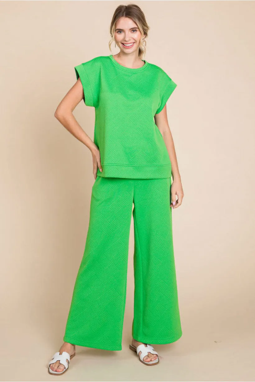 Textured Pants W/Waist-Band Back Stretch-Band SIDE POCKETS WIDE LEG