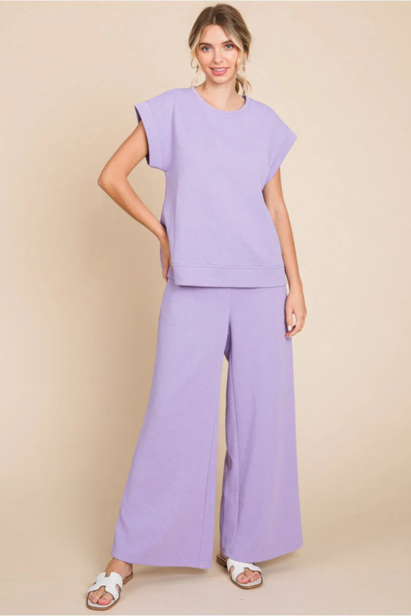 Textured Pants W/Waist-Band Back Stretch-Band SIDE POCKETS WIDE LEG