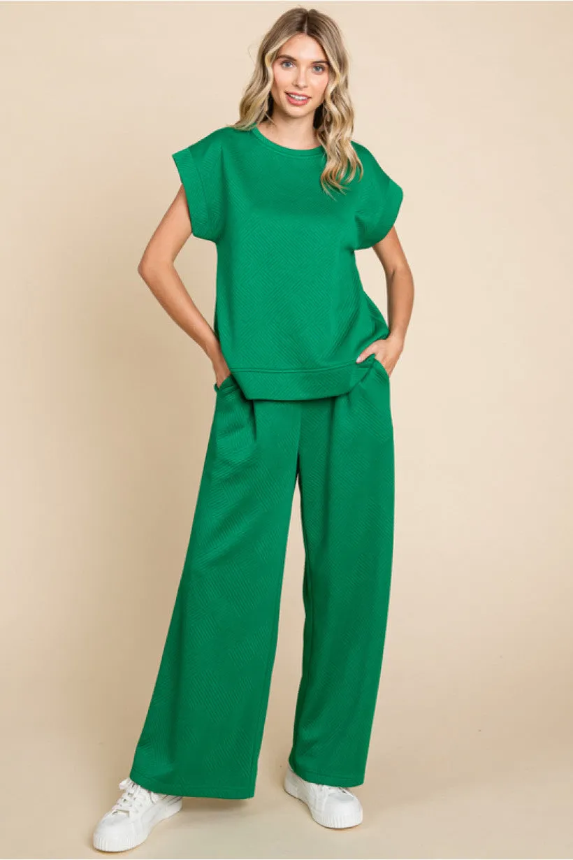 Textured Pants W/Waist-Band Back Stretch-Band SIDE POCKETS WIDE LEG