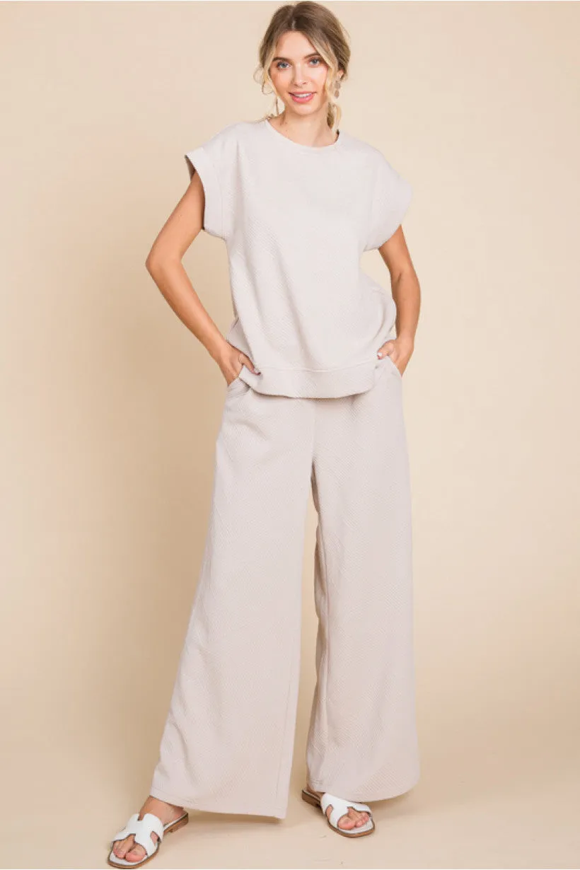 Textured Pants W/Waist-Band Back Stretch-Band SIDE POCKETS WIDE LEG