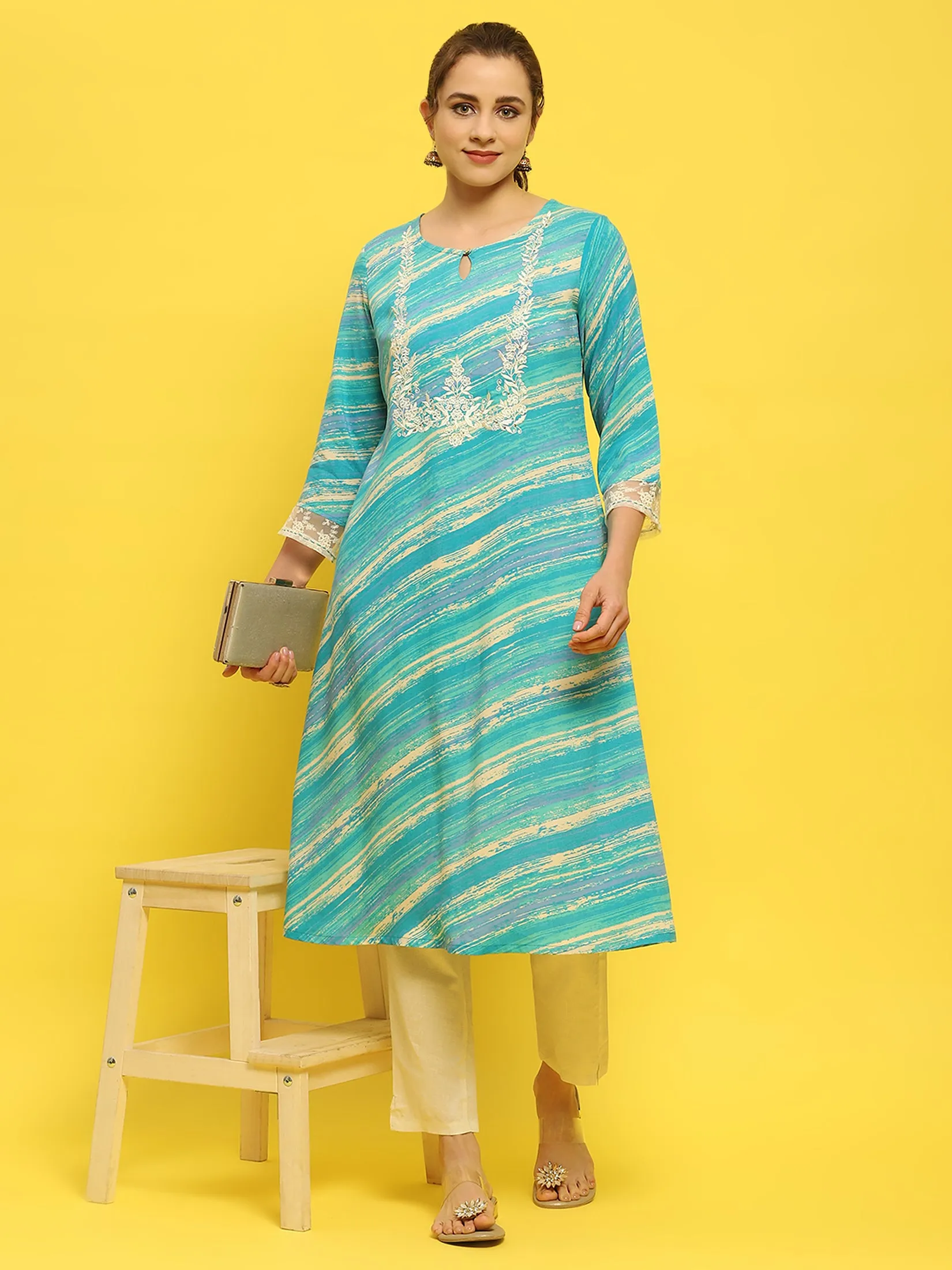 Women Liva Rayon Blue Embroidered Kurta