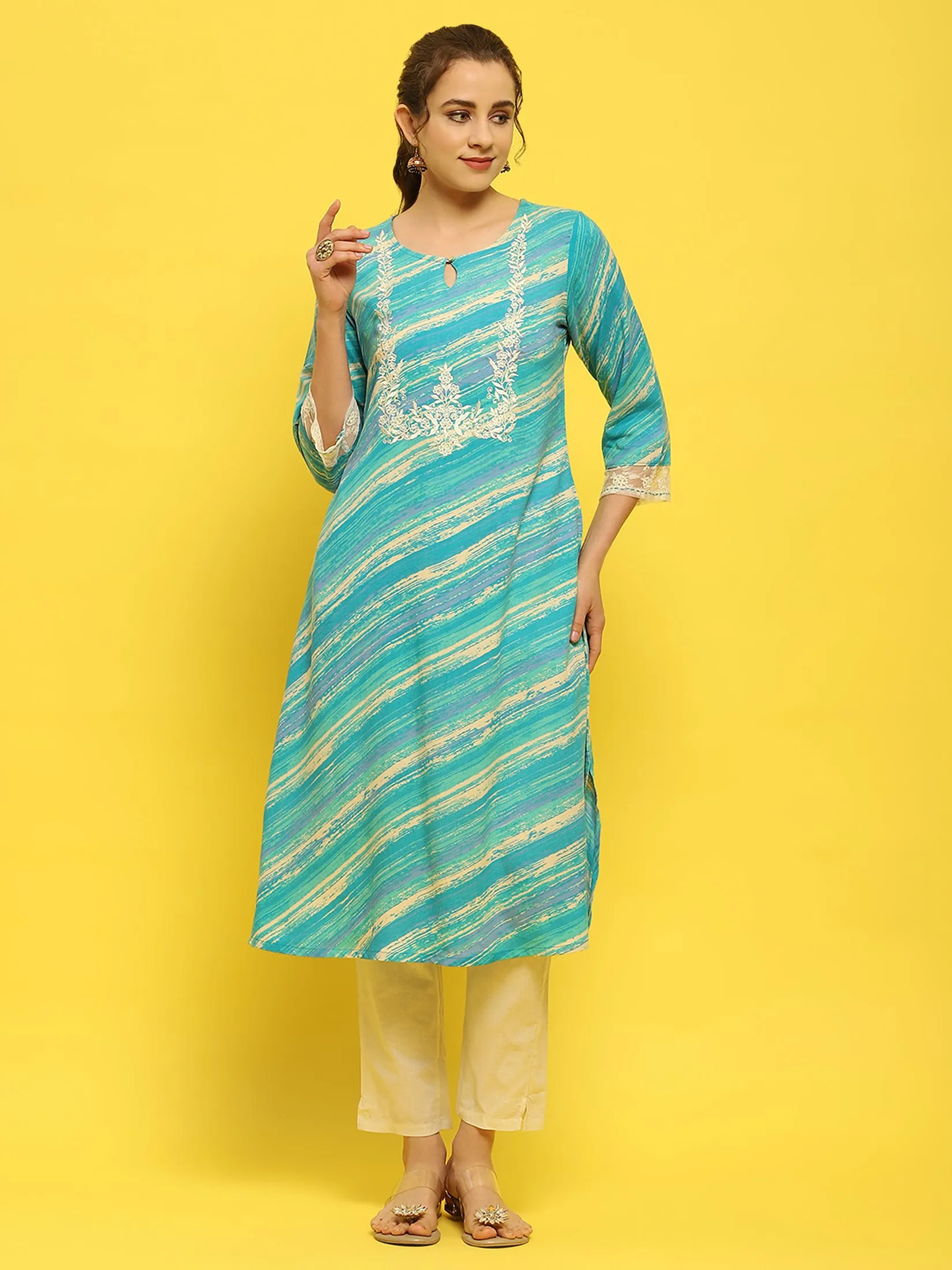 Women Liva Rayon Blue Embroidered Kurta