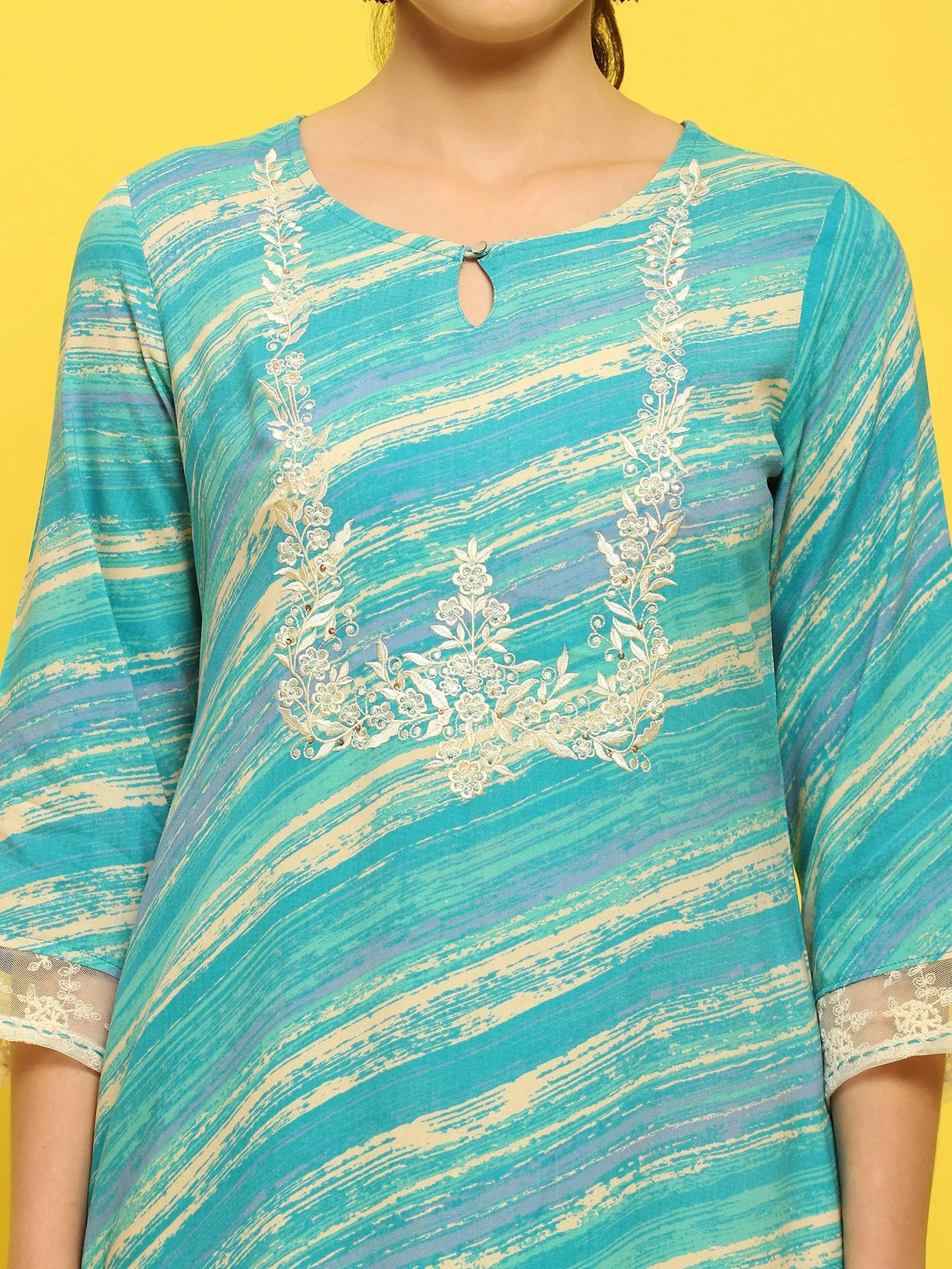 Women Liva Rayon Blue Embroidered Kurta