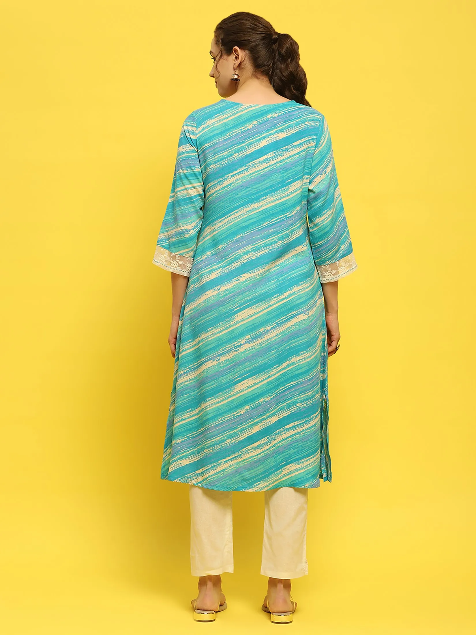 Women Liva Rayon Blue Embroidered Kurta