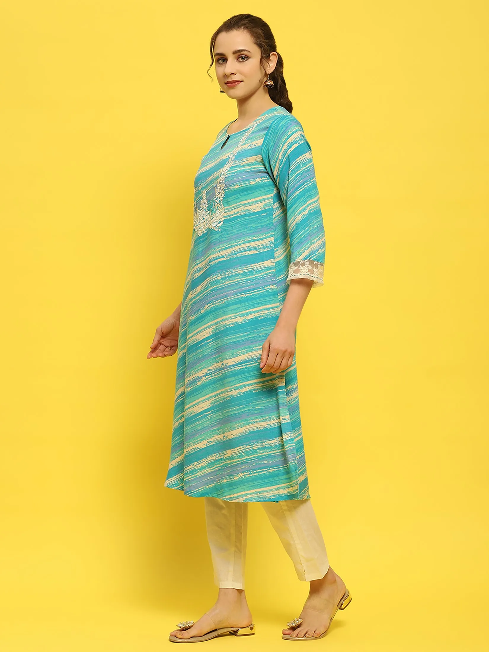 Women Liva Rayon Blue Embroidered Kurta