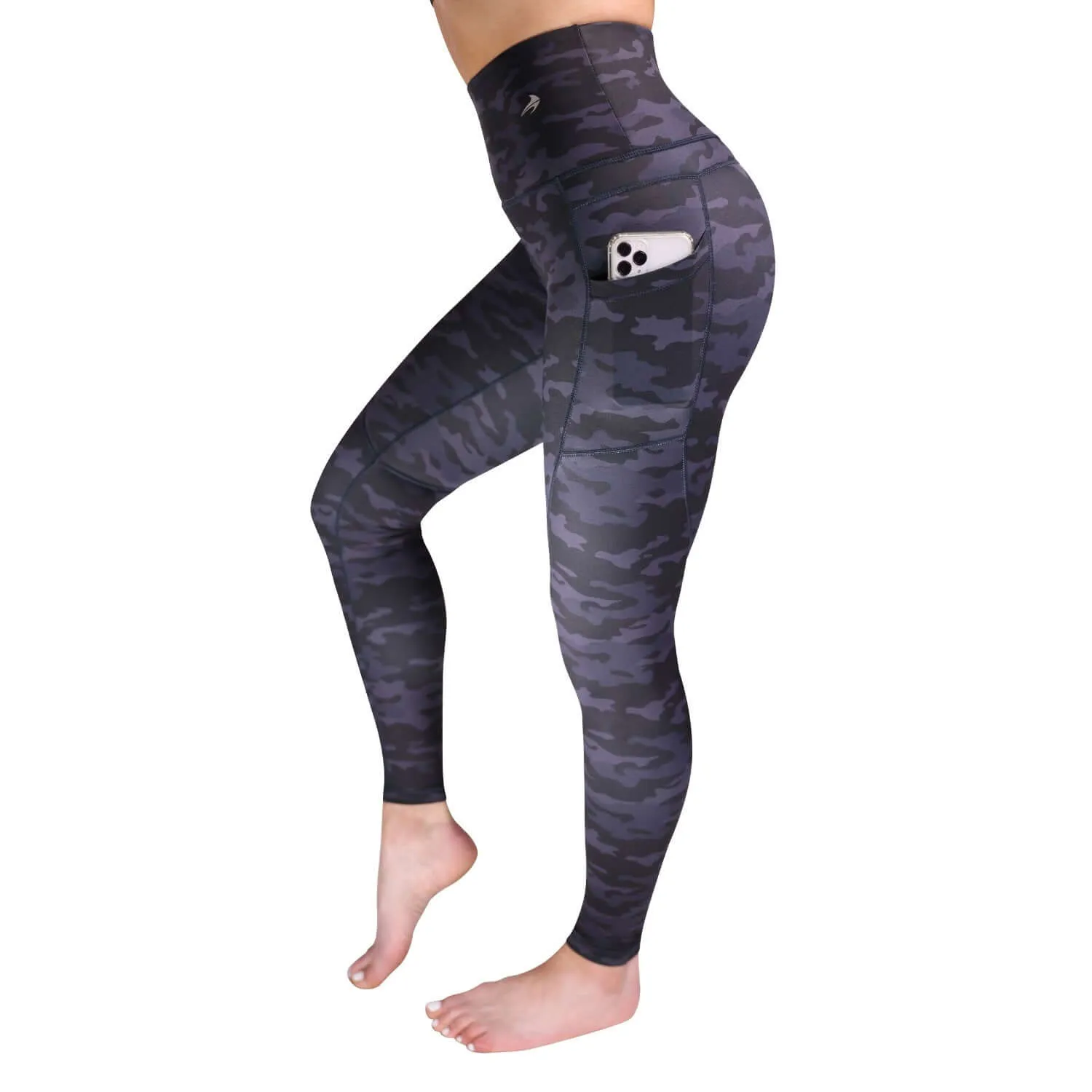 Women's Compression Leggings Super High Waist W/ Pockets - Camo Black