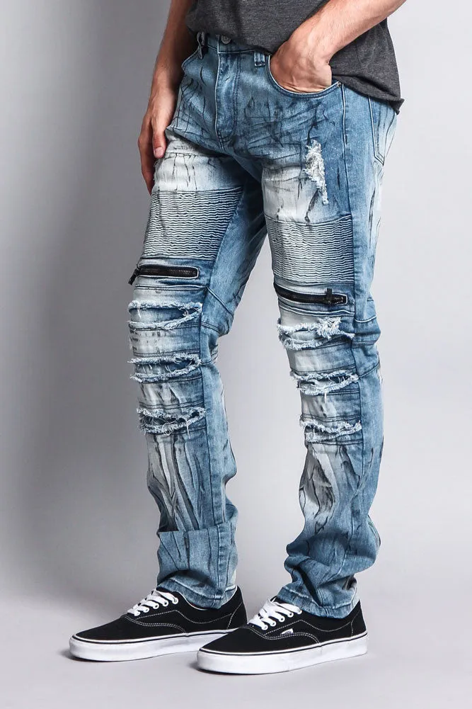 Zipper Cut Grease Wash Biker Jeans