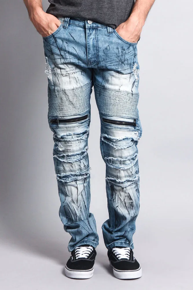 Zipper Cut Grease Wash Biker Jeans