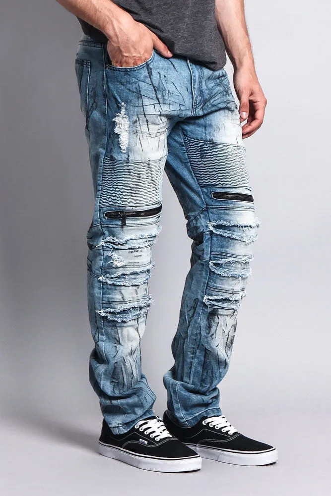 Zipper Cut Grease Wash Biker Jeans